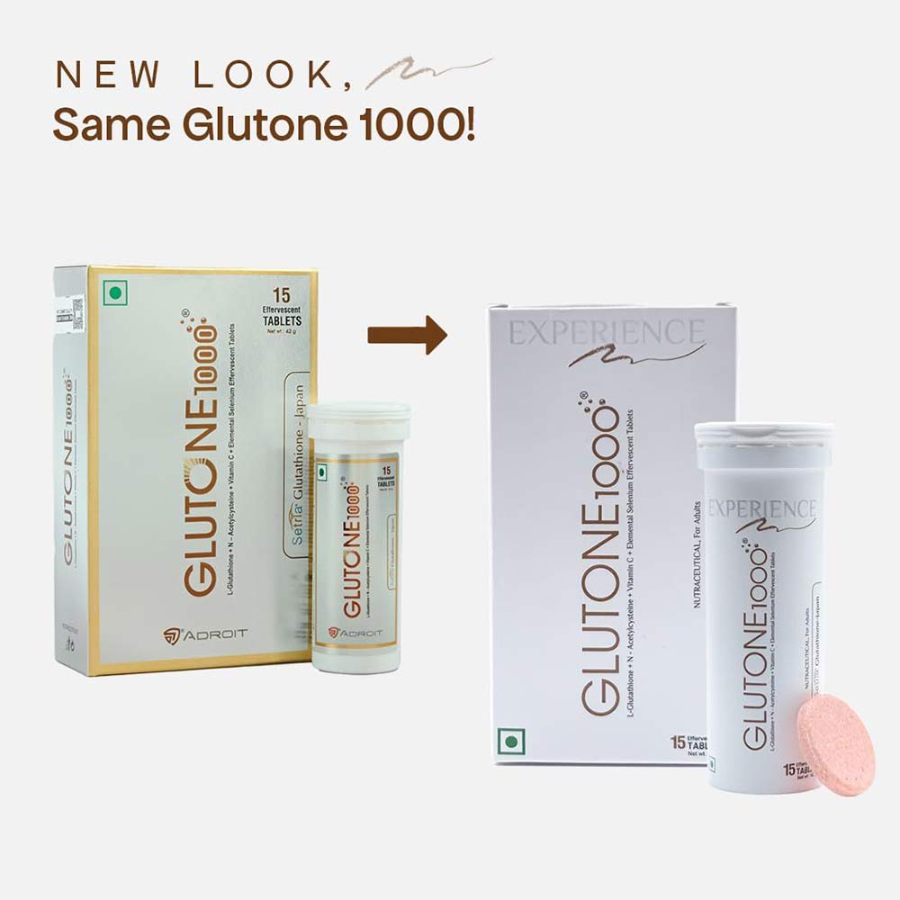 2 - Glutone 1000 Setria Glutathione Effervescent 15 Tablets & Skin Brightening Serum Combo,  for Evens Skin Tone  30 ml 