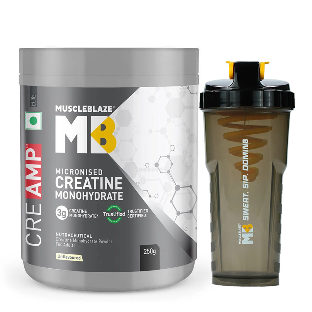 MuscleBlaze Creatine Monohydrate CreAMP Unflavoured 0.55 lb with Cyclone Shaker image 1
