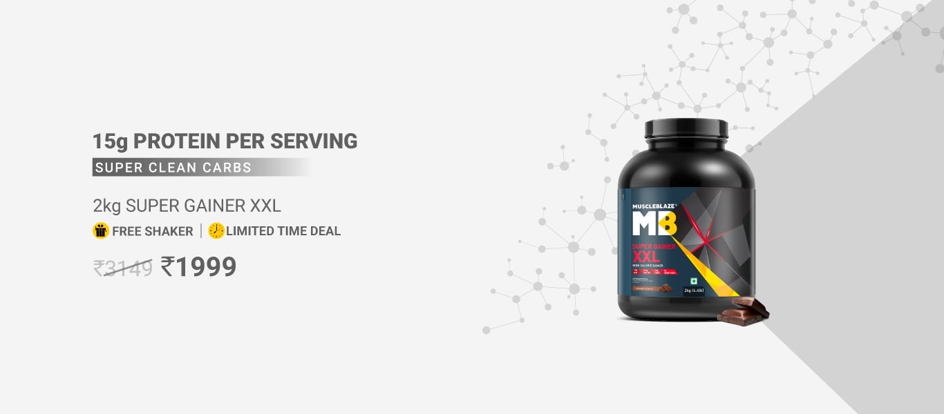 MuscleBlaze Super Gainer XXL Weight Gainer, 2 kg (4.4 lb), Chocolate @ 1999 + Free Shaker