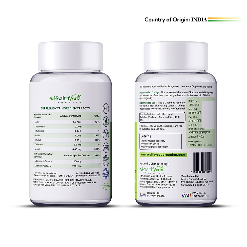 8 - Health Veda Organics L-Carnitine L-Tartrate,  60 capsules  Unflavoured 