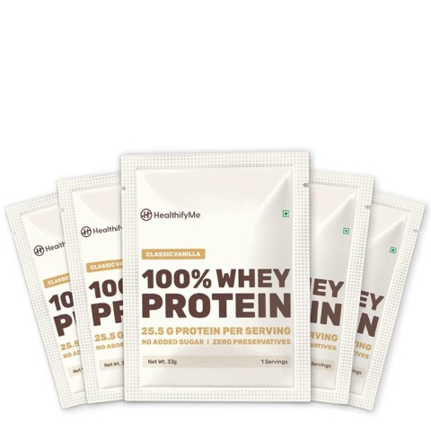 1 - HealthifyMe 100% Whey Protein,  5 sachets/pack  Classic Vanilla 