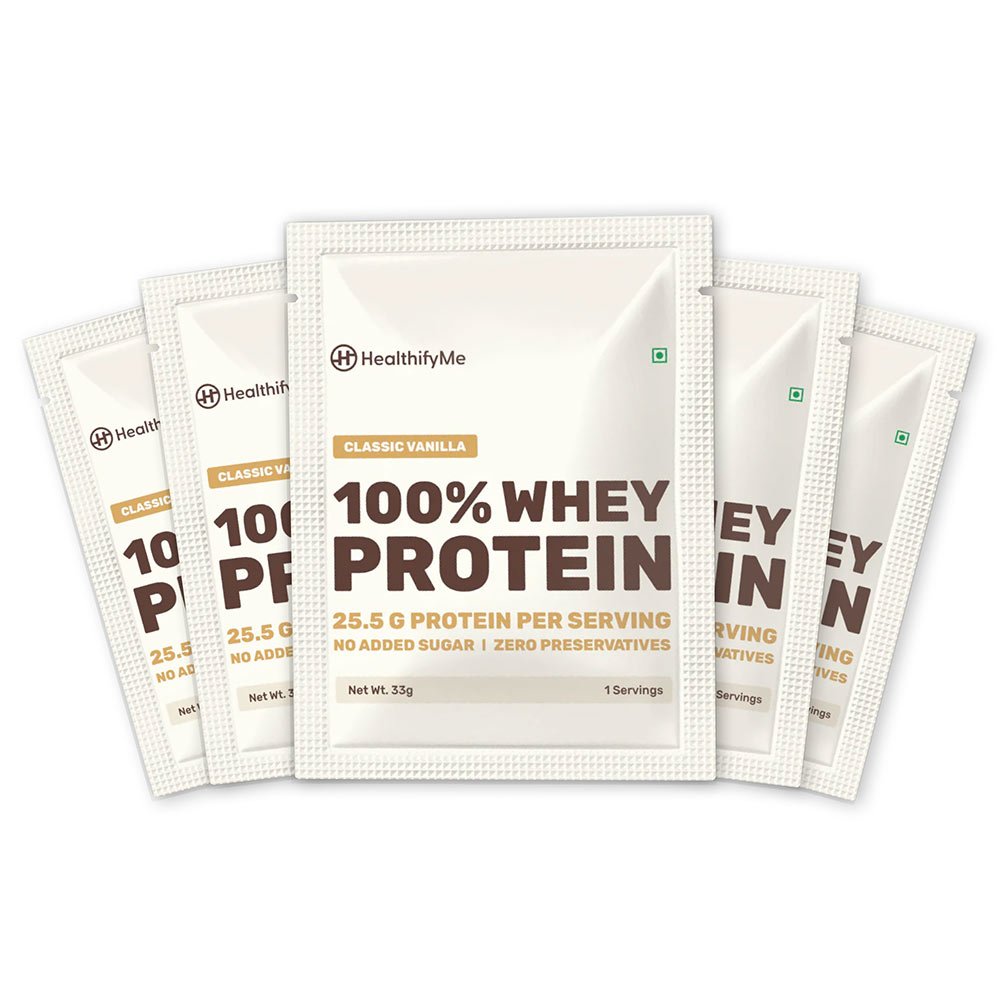 1 - HealthifyMe 100% Whey Protein,  5 sachets/pack  Classic Vanilla 