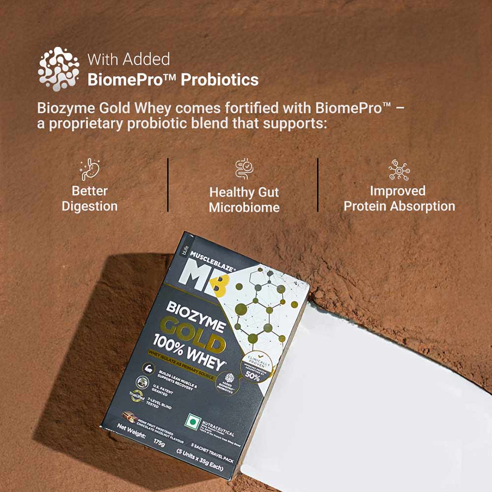 3 - MuscleBlaze Biozyme Gold 100% Whey,  0.39 lb  Monk Fruit Sweetened Chocolate Hazelnut Travel Pack