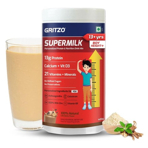 1 - Supermilk Gritzo Height+ for 13+ Yrs Boys Personalized Protein & Nutrition Drink Mix,  400 g  Cafe Mocha 