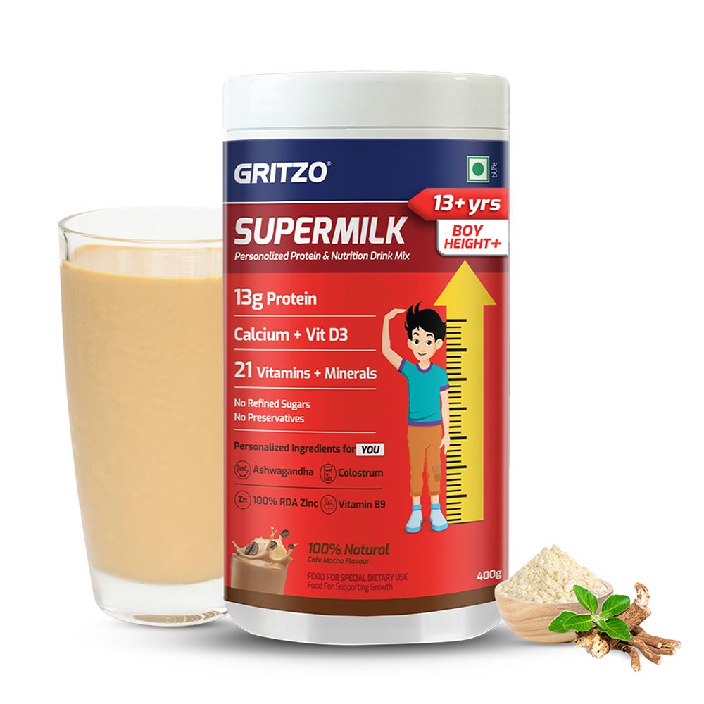 1 - Supermilk Gritzo Height+ for 13+ Yrs Boys Personalized Protein & Nutrition Drink Mix,  400 g  Cafe Mocha 