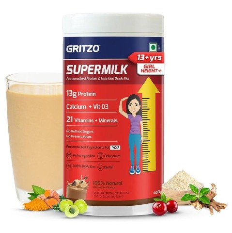 1 - Supermilk Gritzo Height+ for 13+ Yrs Girls Personalized Protein & Nutrition Drink Mix, 400 g Cafe Mocha