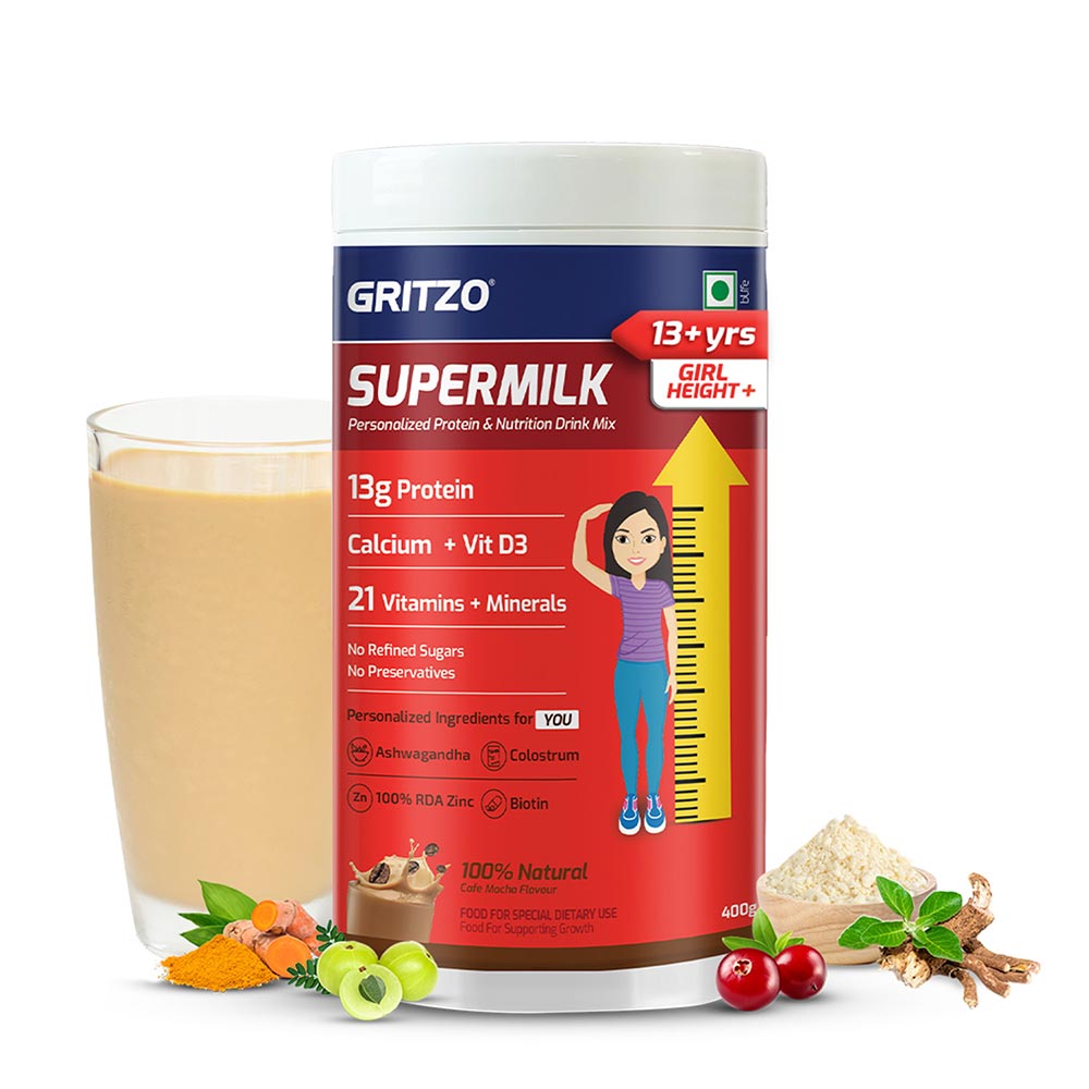 1 - Supermilk Gritzo Height+ for 13+ Yrs Girls Personalized Protein & Nutrition Drink Mix,  400 g  Cafe Mocha 