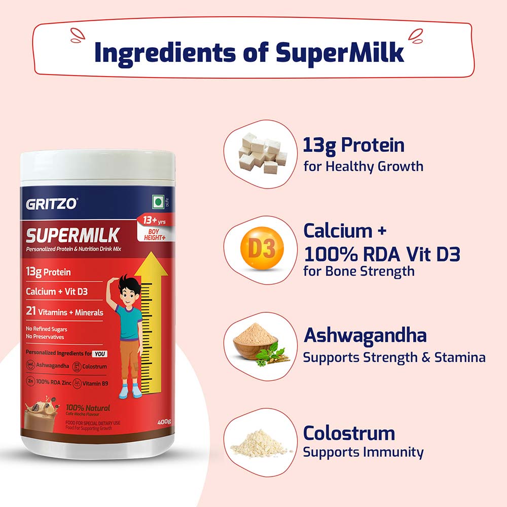 4 - Supermilk Gritzo Height+ for 13+ Yrs Boys Personalized Protein & Nutrition Drink Mix,  400 g  Cafe Mocha 