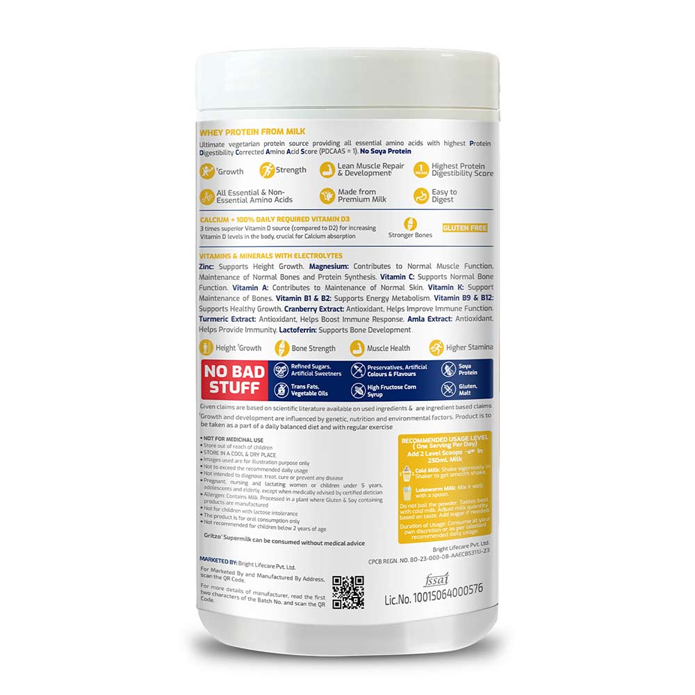 1 - Gritzo SuperMilk Height+ Unsweetened 7-9y Girls Personalized Protein and Nutrition Drink Mix,  400 g  Creamy Vanilla