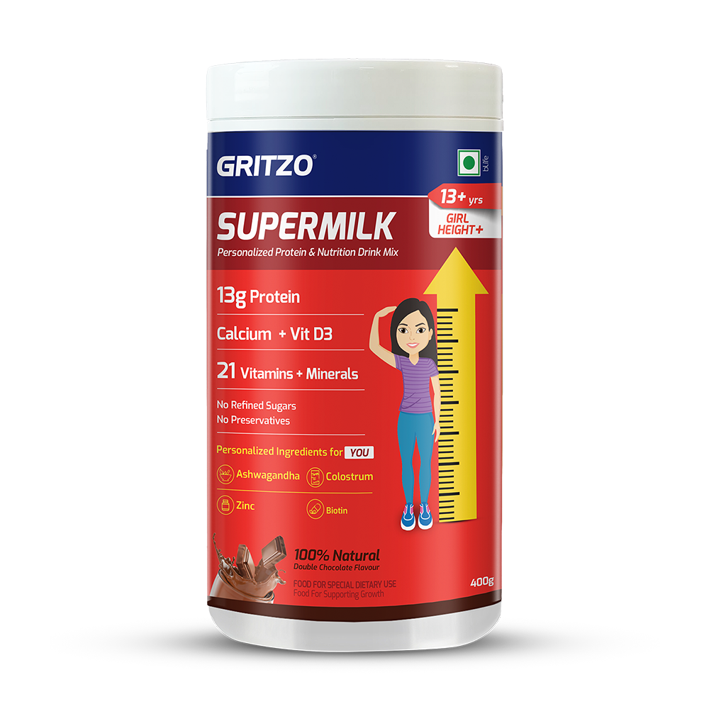 Supermilk Gritzo Height+ for 13+ Yrs Girls Personalized Protein & Nutrition Drink Mix,  400 g  Double Chocolate 