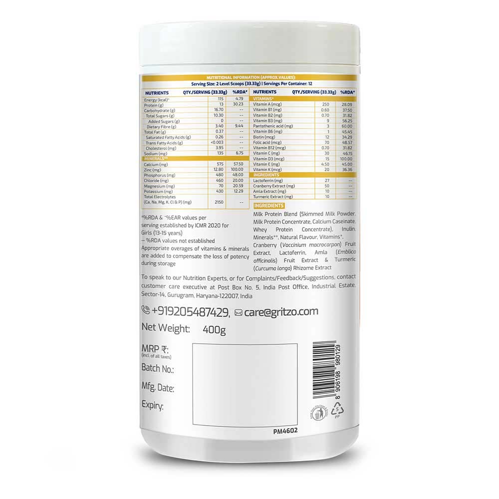 7 - Supermilk Gritzo Height+ Unsweetened 13+ y Girls Personalized Protein and Nutrition Drink Mix,  400 g  Creamy Pink Vanilla