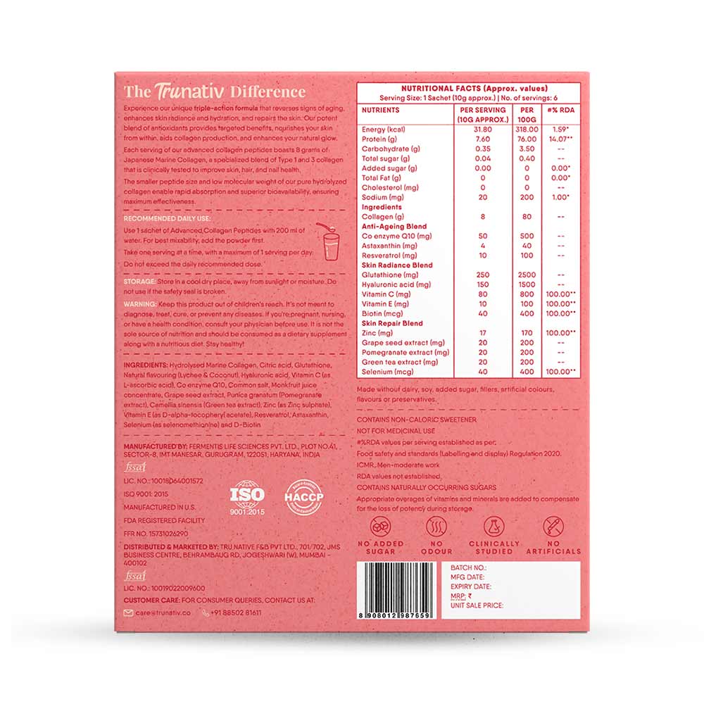 2 - TruNativ Advanced Collagen Peptides,  6 sachets/pack  Lychee Coconut (Japanese Marine Collagen Type 1 & 3) 