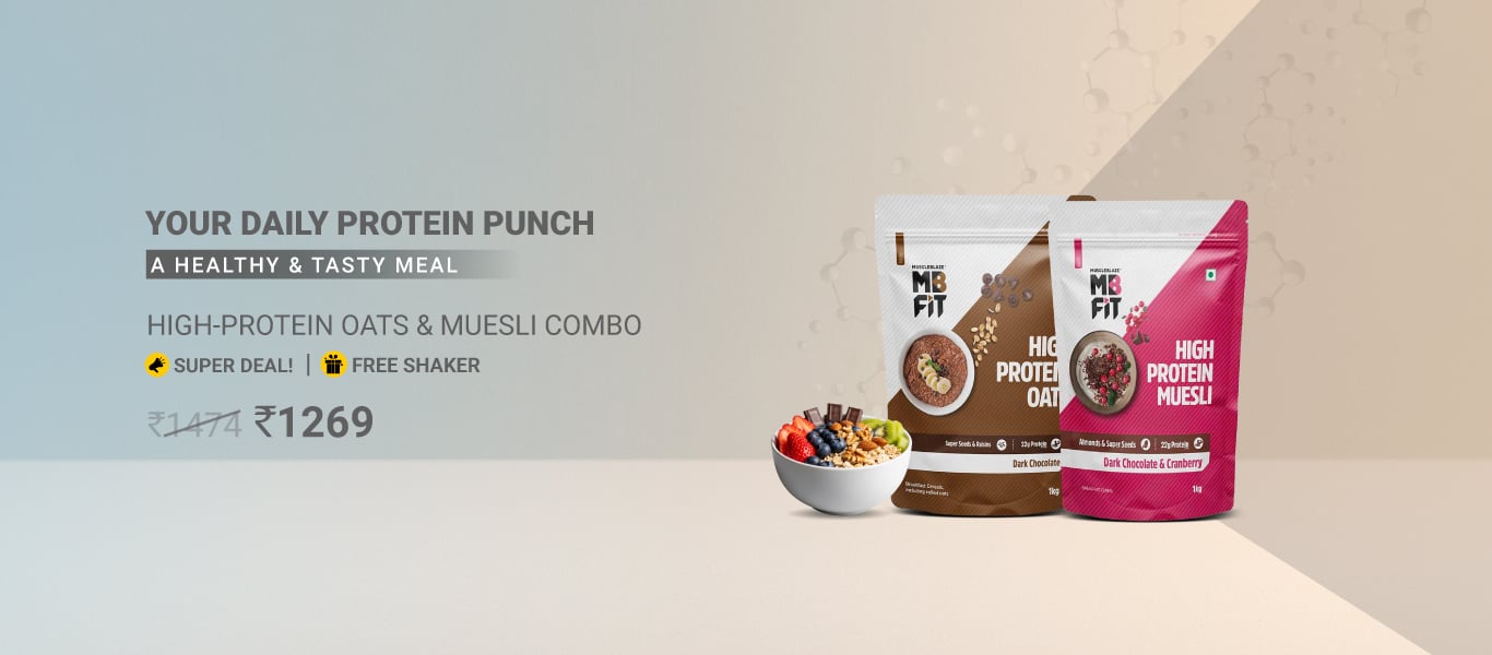 High Protein Oats Dark Chocolate & High Protein Muesli Dark Chocolate & Cranberry 1 kg Combo @ 1269 + Free Shaker