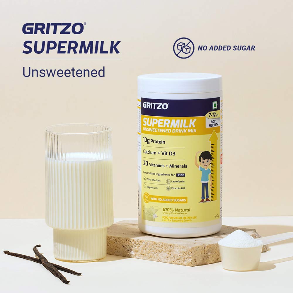 2 - Supermilk Height+ Unsweetened for 7-12 Yrs Boy Personalized Protein and Nutrition Drink Mix,  400 g  Creamy Vanilla