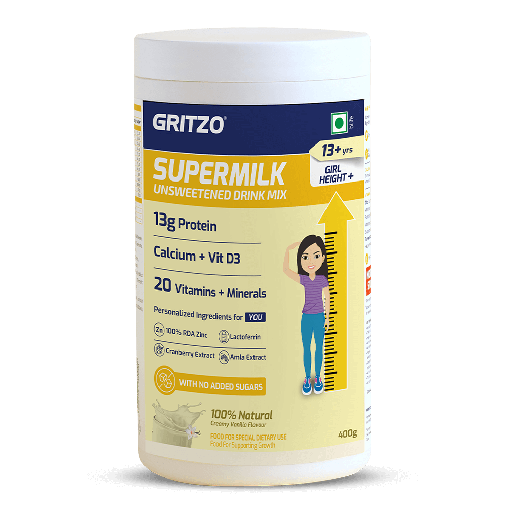 1 - Supermilk Height+ Unsweetened for 13+ Yrs Girl Personalized Protein and Nutrition Drink Mix,  400 g  Creamy Pink Vanilla 