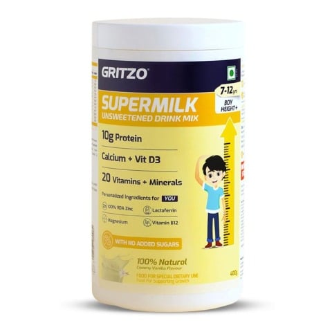 10 - Supermilk Gritzo Height+ Unsweetened for 7-12 Yrs Boy Personalized Protein and Nutrition Drink Mix,  400 g  Creamy Vanilla 