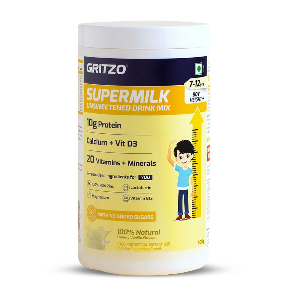 10 - Supermilk Gritzo Height+ Unsweetened for 7-12 Yrs Boy Personalized Protein and Nutrition Drink Mix,  400 g  Creamy Vanilla 
