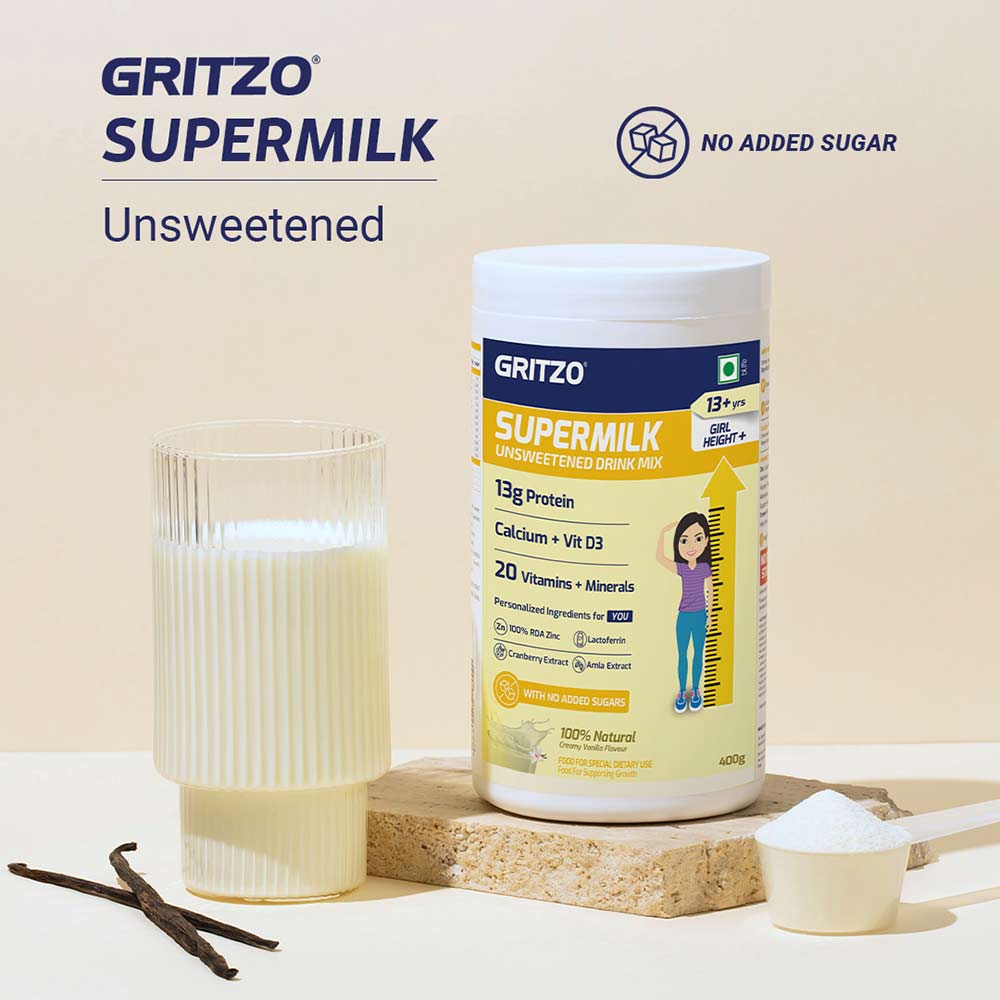 2 - Supermilk Gritzo Height+ Unsweetened for 13+ Yrs Girl Personalized Protein and Nutrition Drink Mix,  400 g  Creamy Pink Vanilla