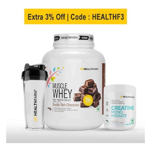 Healthfarm Muscle Whey 4.4lb with Creatine Monohydrate 0.55lb Combo,  3 Piece(s)/Pack  Double Rich Chocolate & Unflavoured (with Shaker) 