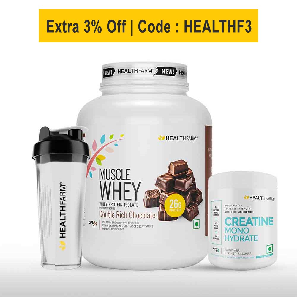 Healthfarm Muscle Whey 4.4lb with Creatine Monohydrate 0.55lb Combo,  3 Piece(s)/Pack  Double Rich Chocolate & Unflavoured (with Shaker) 