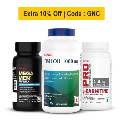 GNC Mega Men One Daily Multivitamin 30 Tablets with Fish Oil 60 Softgels &  L-Carnitine 30 Tablets Combo,  3 Piece(s)/Pack  Unflavoured 