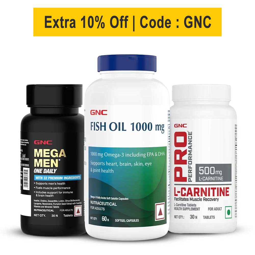 GNC Mega Men One Daily Multivitamin 30 Tablets with Fish Oil 60 Softgels &  L-Carnitine 30 Tablets Combo,  3 Piece(s)/Pack  Unflavoured 