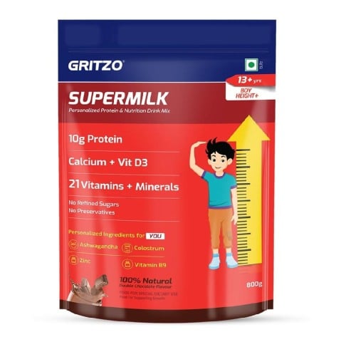 1 - Supermilk Gritzo Height+ for 13+ Yrs Boys Personalized Protein & Nutrition Drink Mix, 800 g Double Chocolate