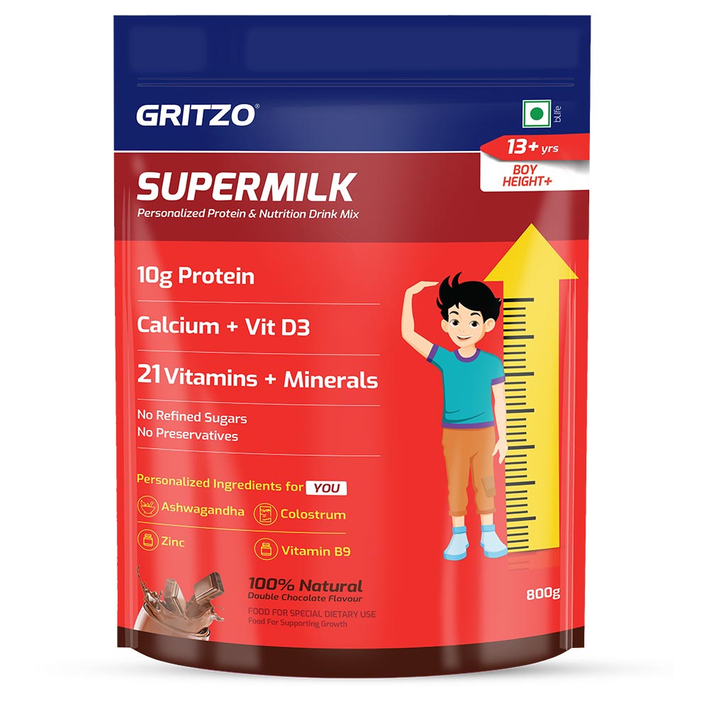 1 - Supermilk Gritzo Height+ for 13+ Yrs Boys Personalized Protein & Nutrition Drink Mix,  800 g  Double Chocolate 