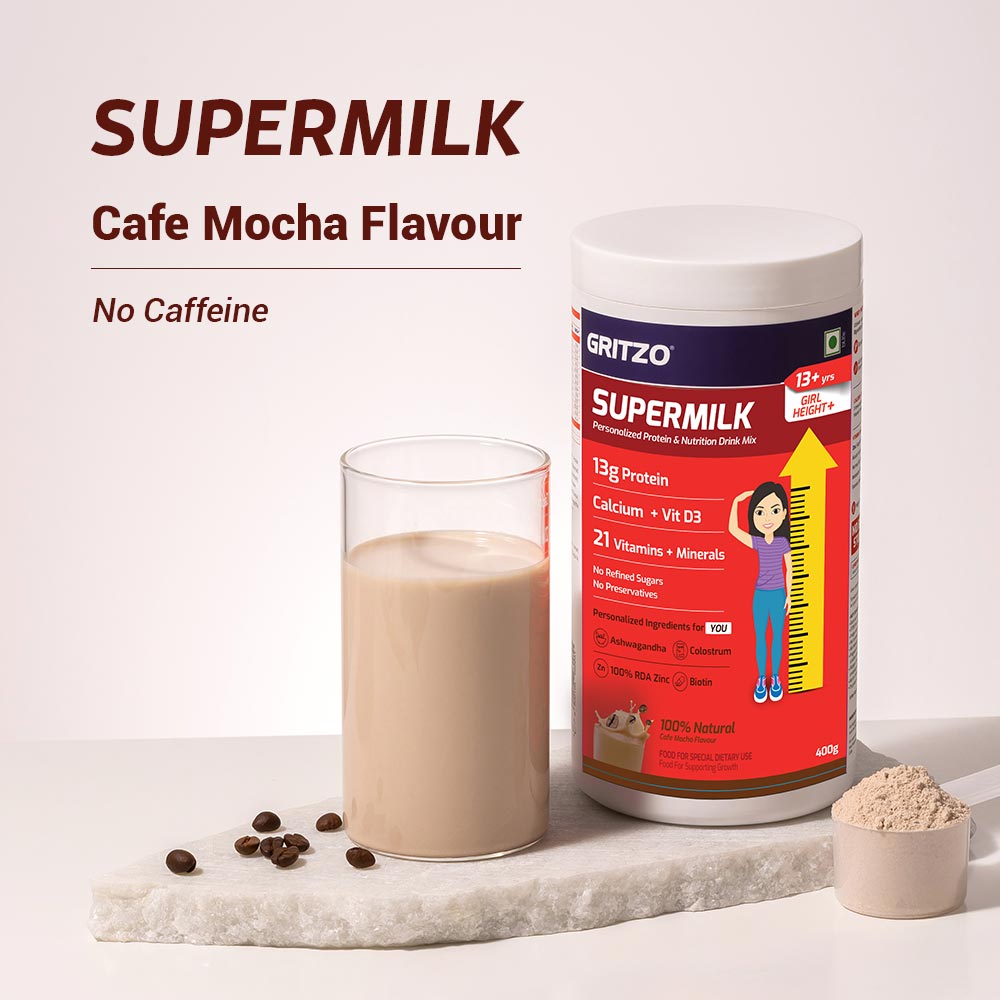 2 - Supermilk Gritzo Height+ for 13+ Yrs Girls Personalized Protein & Nutrition Drink Mix,  400 g  Cafe Mocha