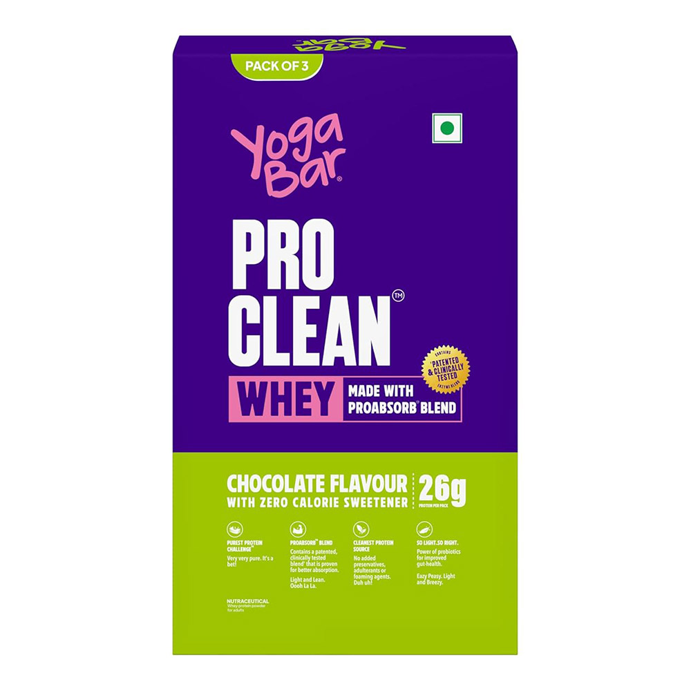 6 - Yogabar Pro Clean Whey,  3 sachets/pack  Chocolate with Zero Calorie Sweetener 