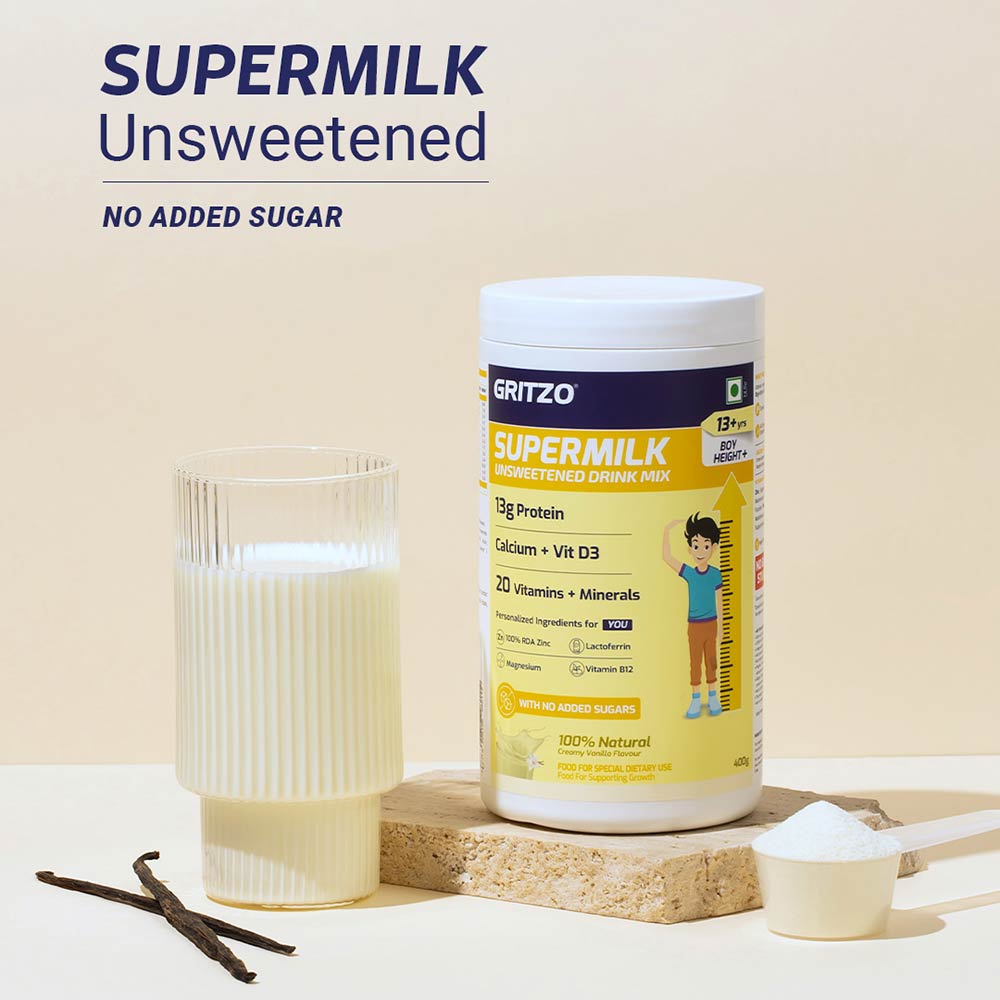 Supermilk Gritzo Height+ Unsweetened for 13+ Yrs Boy Personalized Protein and Nutrition Drink Mix,  400 g  Creamy Vanilla