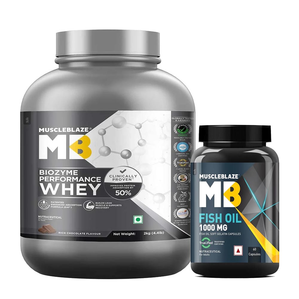 MuscleBlaze Biozyme Performance Whey 2 kg Rich Chocolate & Fish Oil 60 Caps Combo