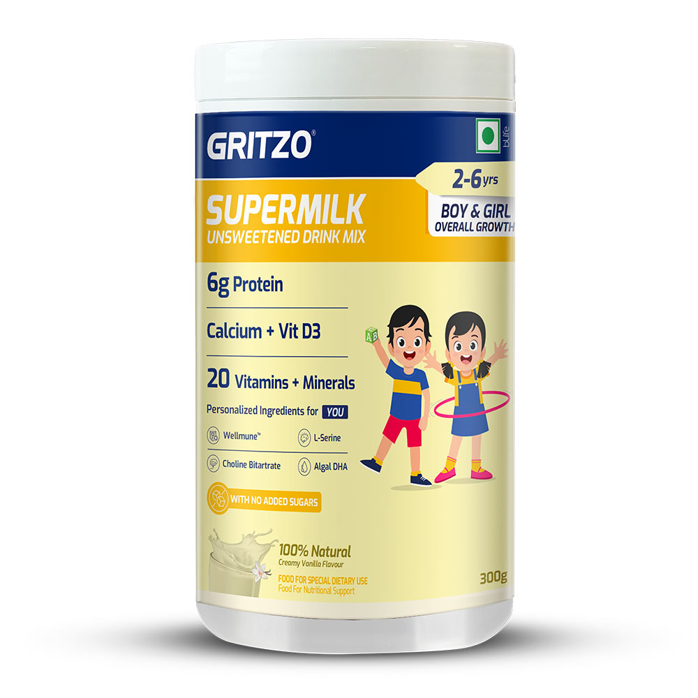 Supermilk Gritzo Overall Growth Unsweetened for 2-6 Yrs Boy/Girl Personalized Protein and Nutrition Drink Mix, 300 g Creamy Vanilla