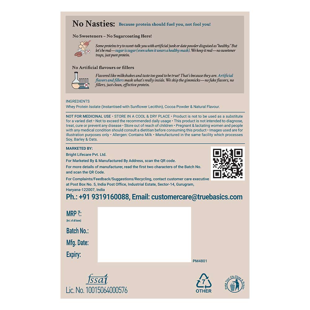 7 - TrueBasics Clean Whey Protein (Isolate),  0.37 lb  Chocolate Pack of 5 (34 g x 5) 