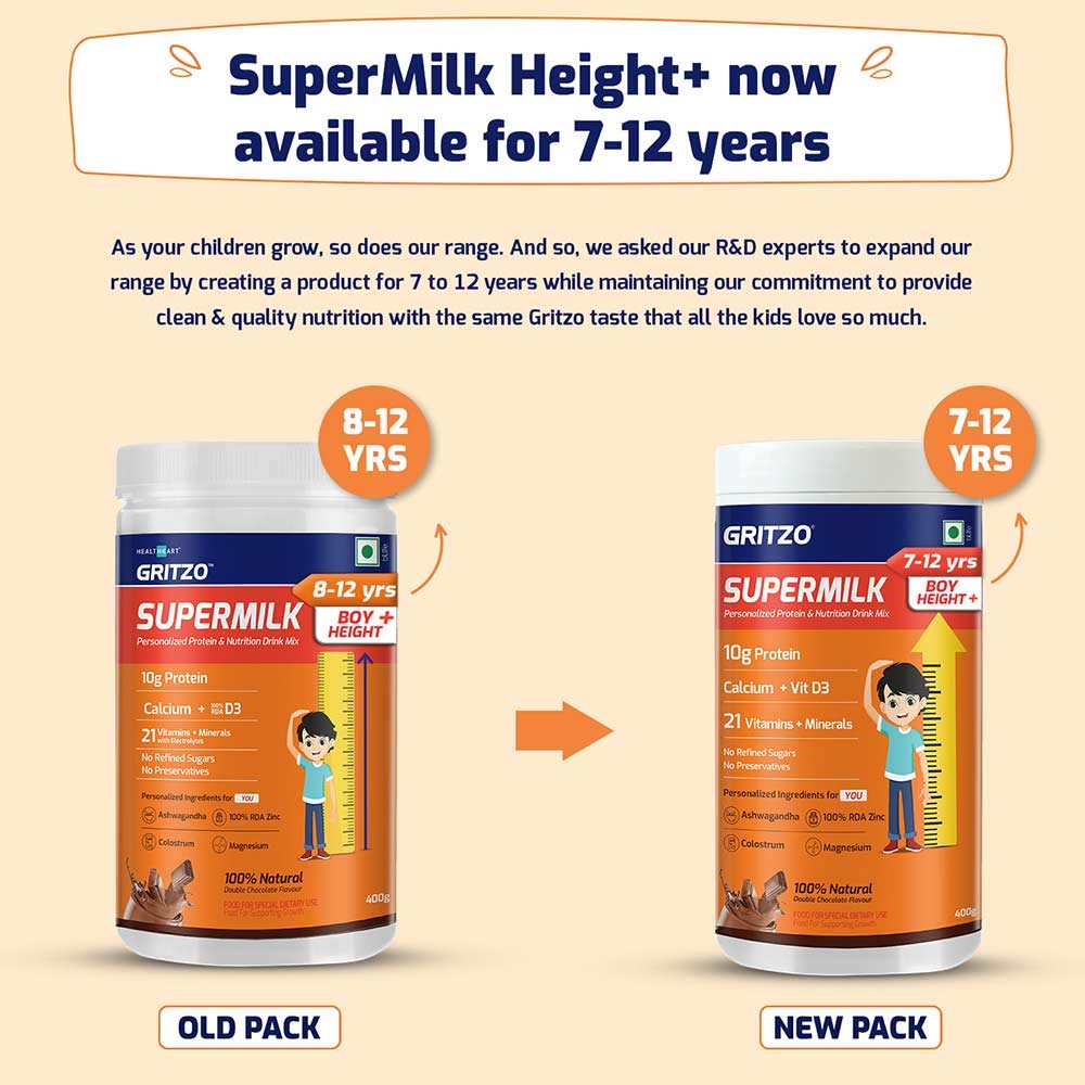 10 - Supermilk Gritzo Height+ for Boy 7-12 Yrs Personalized Protein & Nutrition Drink Mix Powder,  400 g  Double Chocolate 
