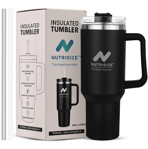 1 - GHC Nutrigize Stainless Steel Tumbler Hot and Cold with Handle and Steel straw,  Black  1.2 L 
