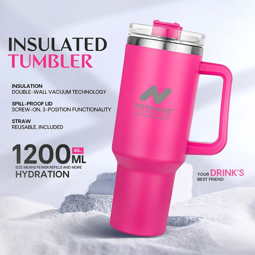 2 - GHC Nutrigize Stainless Steel Tumbler Hot and Cold with Handle and Steel straw,  Dark Pink  1.2 L 