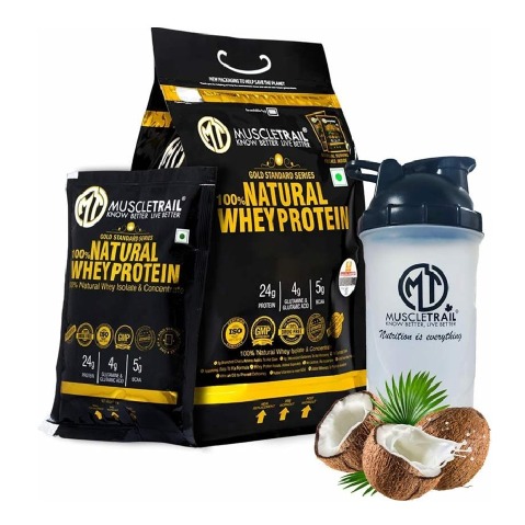 1 - Muscle Trail Gold Standard Series 100% Natural Whey Protein,  60 sachets/pack  Coconut (with Free Shaker Inside) 