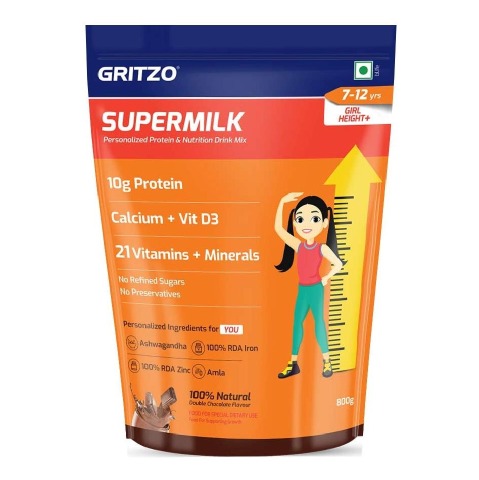 10 - Supermilk Gritzo Height+ for 7-12 Yrs Girls Personalized Protein & Nutrition Drink Mix,  800 g  Double Chocolate 