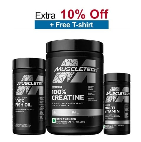 MuscleTech Platinum 100% Creatine Unflavoured 0.55 lb, Platinum100% Fish Oil 100 softgels & Platinum Multi Vitamin Combo, 60 tablet(s)