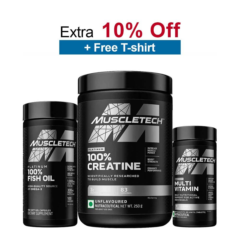 MuscleTech Platinum 100% Creatine Unflavoured 0.55 lb, Platinum100% Fish Oil 100 softgels & Platinum Multi Vitamin Combo, 60 tablet(s)