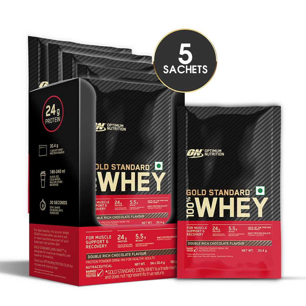 1 - ON (Optimum Nutrition) Gold Standard 100% Whey Protein,  5 sachets/pack  Double Rich Chocolate 