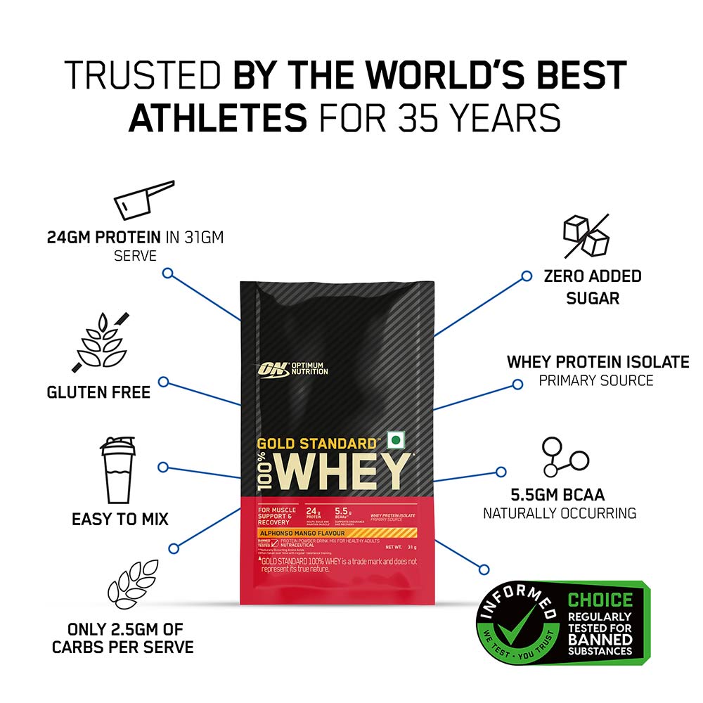 2 - ON (Optimum Nutrition) Gold Standard 100% Whey Protein,  5 sachets/pack  Alphonso Mango 