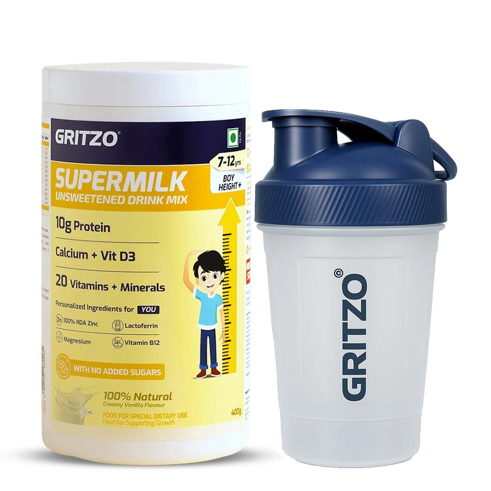 Supermilk Height+ Unsweetened for Boy 7 to 12 Yrs 400g Creamy Vanilla and Shaker Combo
