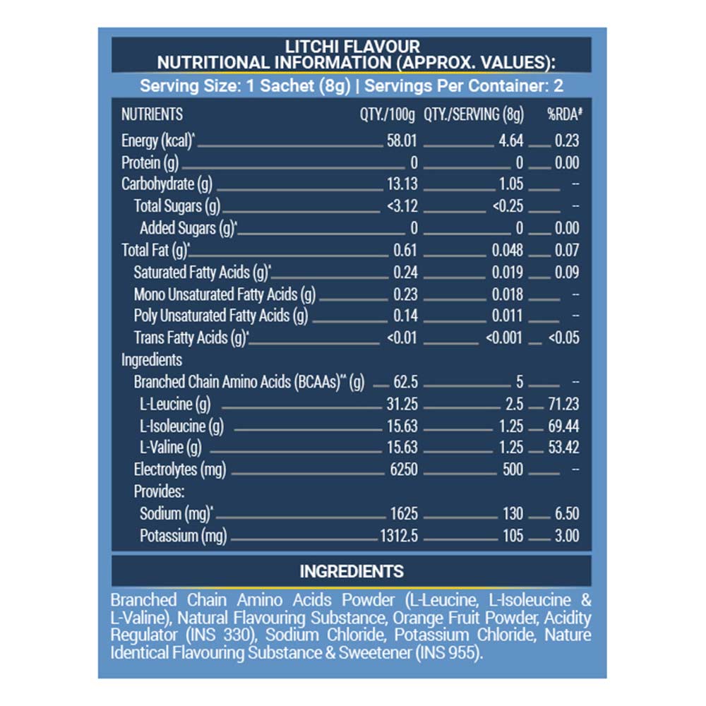 7 - MuscleBlaze BCAA PRO + ELECTROLYTES,  48 g  6 Servings  Tropical fest, Litchi & Watermelon kool Aid