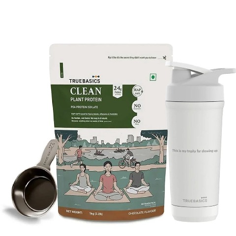 TrueBasics Clean Plant Protein 2.2 lb Chocolate & Steel Pro Shaker 700 ml Combo