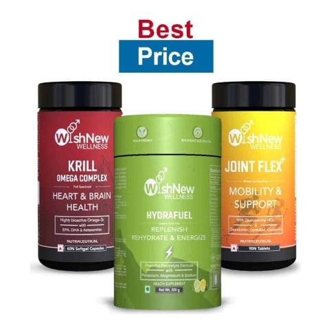 WishNew Wellness Hydrafuel 20 Sachets Pack with Joint Flex 90 Tabs & Krill Omega Complex Combo,  60 softgels  Lemon & Lime 