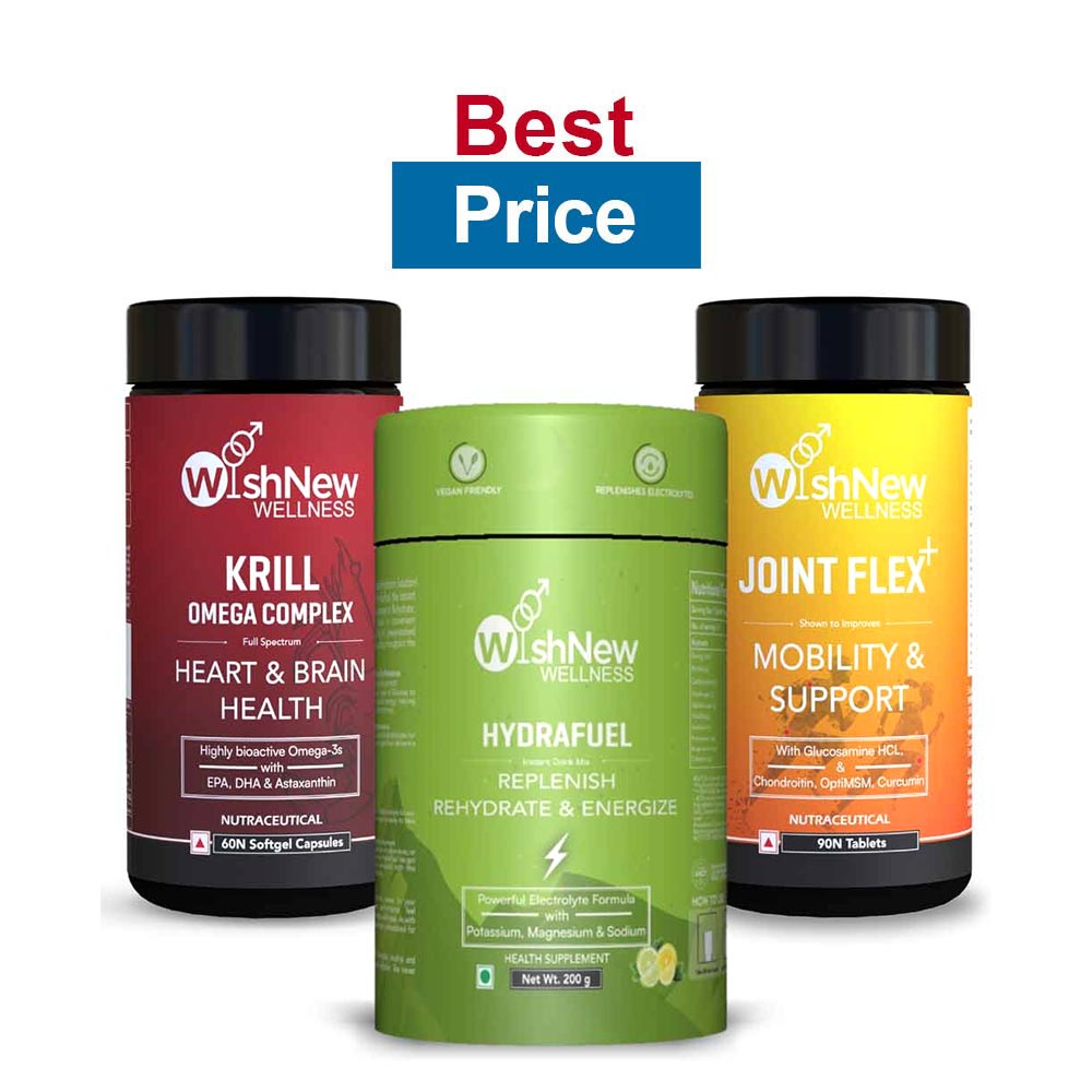 WishNew Wellness Hydrafuel 20 Sachets Pack with Joint Flex 90 Tabs & Krill Omega Complex Combo,  60 softgels  Lemon & Lime 