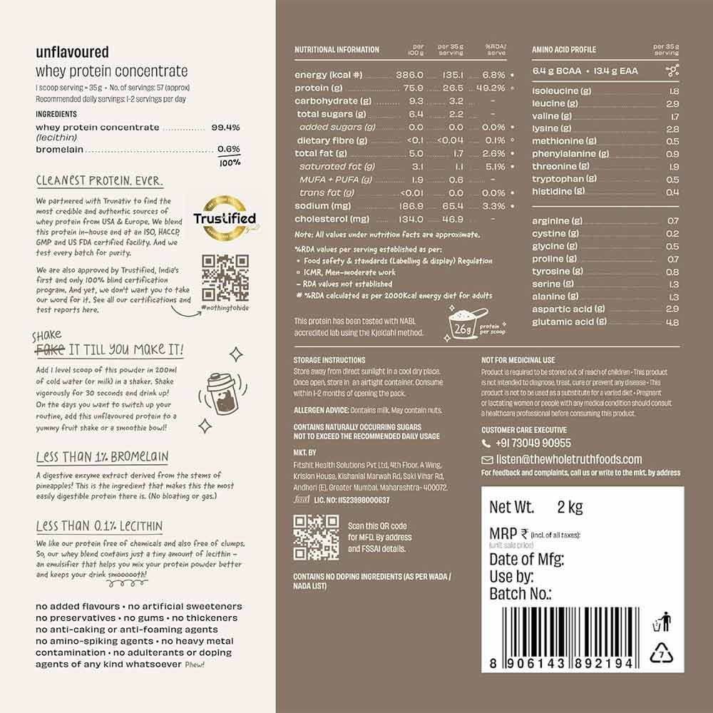 2 - The Whole Truth Raw Whey Protein Concentrate,  4.4 lb  Unflavoured 