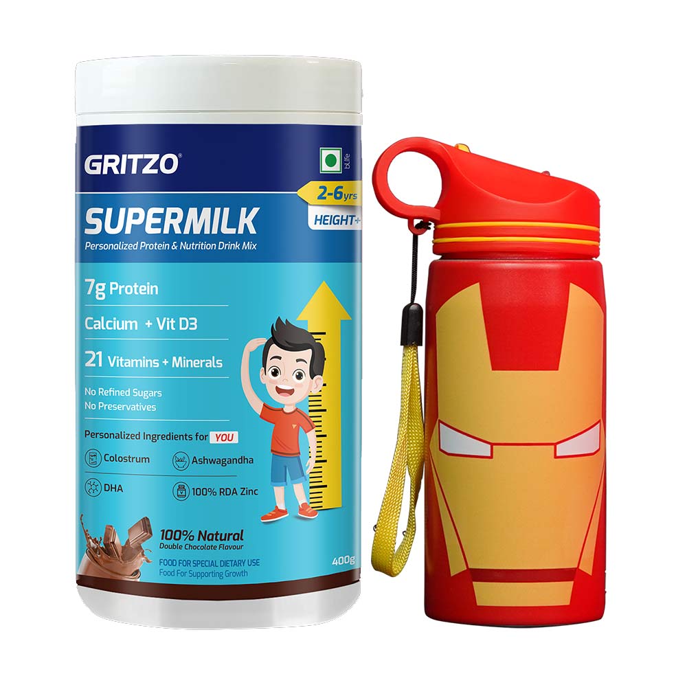 Supermilk Height+ for Boy/Girl 2 to 6 Yrs 400g and Iron Man Sipper 500ml Combo